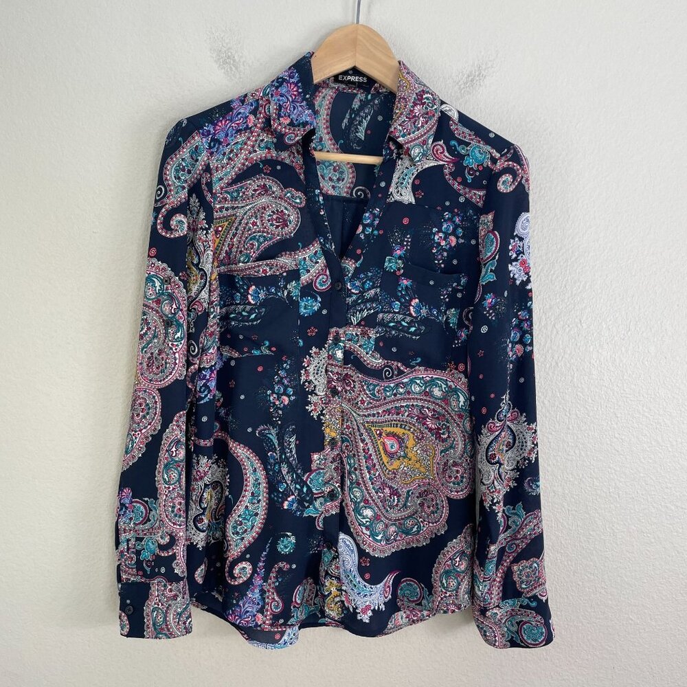 Express Womens‎ Small Paisley Button Up Navy Blouse Roll Tab Sleeve Shirt